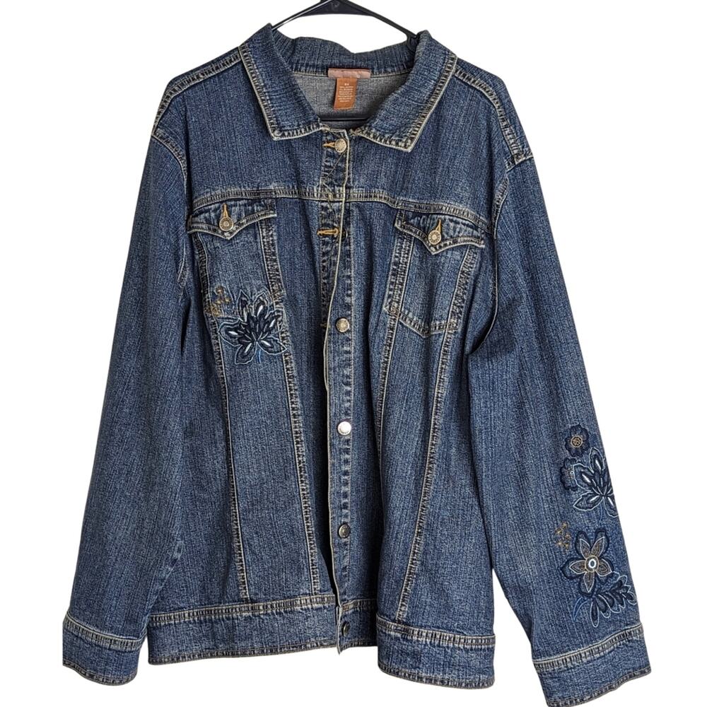 Embroidered Denim Button Down Jacket Medium Wash Womens Size 3X